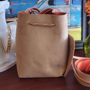 Laila GEIR NESS Suede Beige Orange Bucket Shoulder Bag With Coin Purse + Belt
